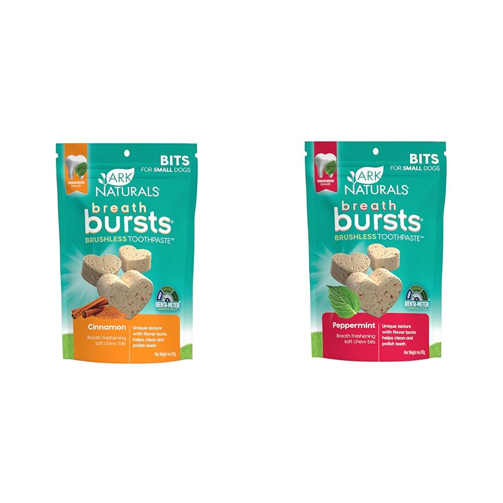 Ark Naturals Breath Bursts Brushless Toothpaste Dog Treat Bundle, Dog Dental Bits for Small Breeds, Unique Texture Helps Clean Teeth & Freshen Breath, Cinnamon & Peppermint, 4 oz Each, 2 Packs