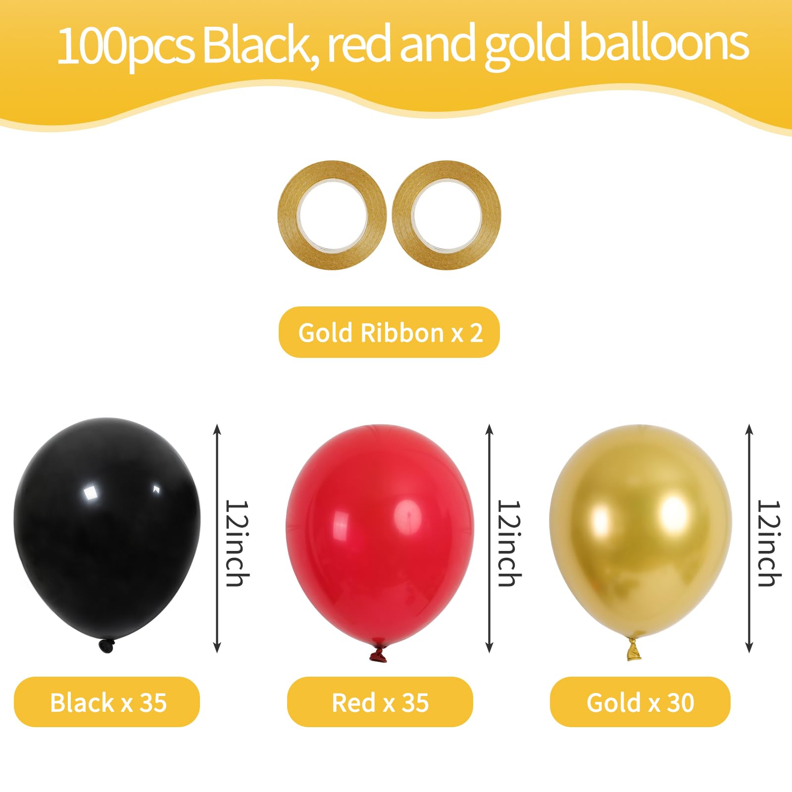 RUBFAC 100pcs 12 Inches Red Black and Gold Balloons Kit, Metallic Chrome Gold and Latex Red Black Balloons with Ribbons for Birthday, Wedding, Anniversary, Festival Decorations