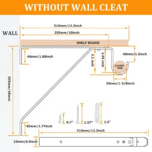 YISHELFS Heavy Duty Closet Rod Bracket, Adjustable Closet Shelf & Rod Brackets White Closet Rod Holders for 3/4" Wall Cleat, Adjustable for Rear Cleat Strip, Closet Rod Support Bracket, Set of 2