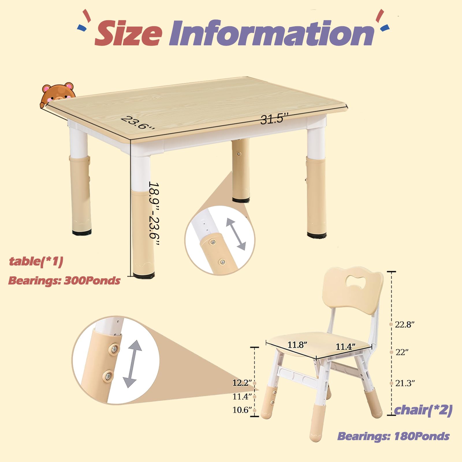 Ybaiwana Kids Table and 2 Chair Set, Toddler Table and Chair Set Height Adjustable, 31.5''L x 23.6''W Multifunctional Toddler Table for Reading, Drawing, Eating, for Girls & Boys Age 2-10, Burlywood