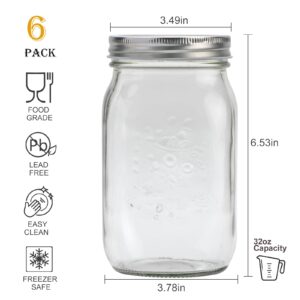 Flrolove Mason Jars,32 OZ Canning Jars with Lids,Glass Jars with Airtight Lid,Mouth Mason Jars 6 Pack for Food Storage,Overnight Oats,Dry Food,Snacks,Candies,Jam,Honey,Jelly