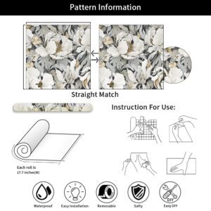 MuralPeel White Poppies Floral Modern Grey Peonies Flowers Peel and Stick Wallpaper Self Adhesive Removable Easy Peel Off Stick on Wall Paper for Bedroom Renter