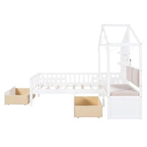 Harper & Bright Designs Kids Twin House Bed Frame with Upholstered Sofa, 2 Drawers and Charging Station, Wood Montessori Bed with LED Light and Shelves, L Shaped Storage Bed for Kids,Boys,Girls,White