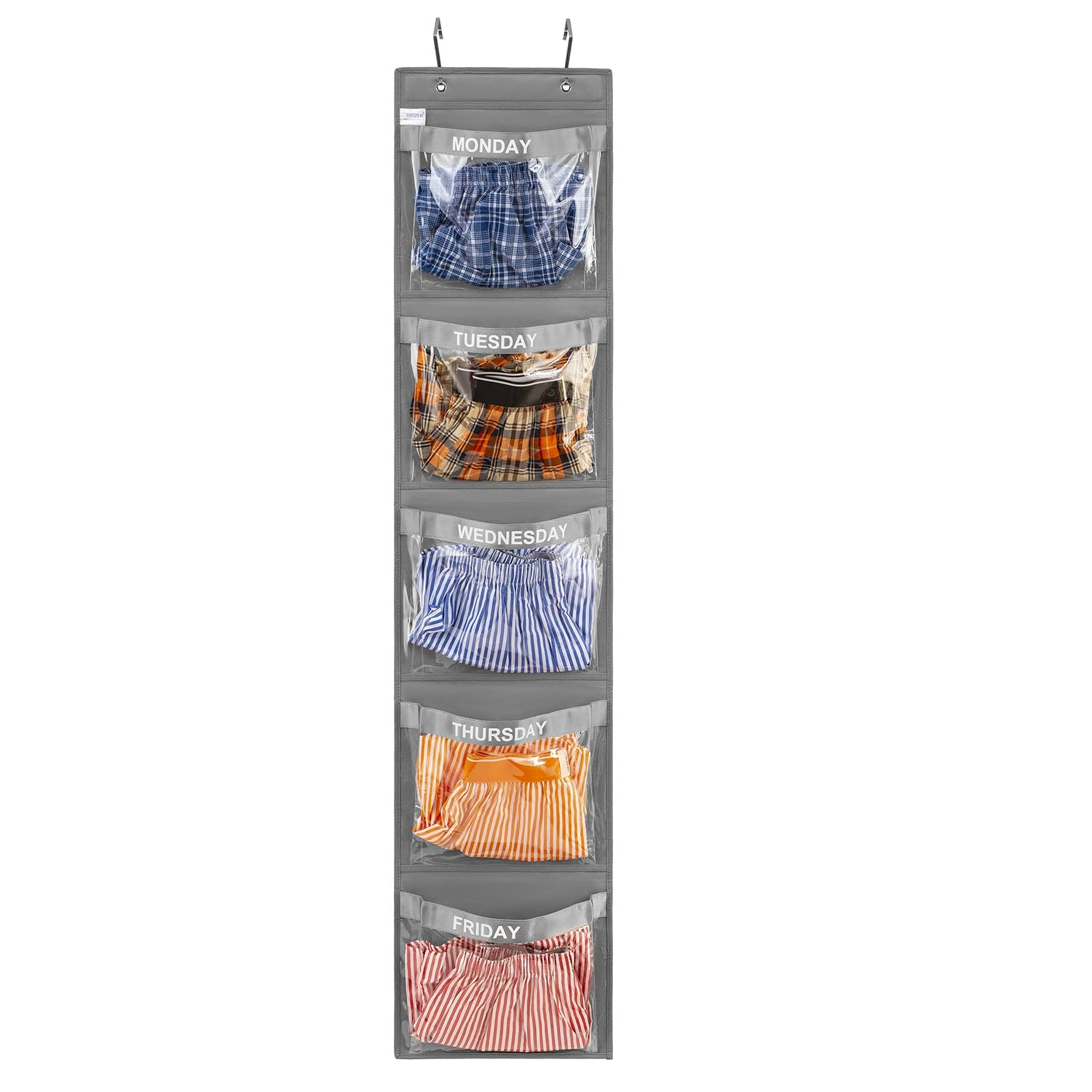 ANIZER Day of Week Kids Clothes Organizer Weekly Hanging Closet Organizer Monday to Friday School Clothing Storage (GREY)