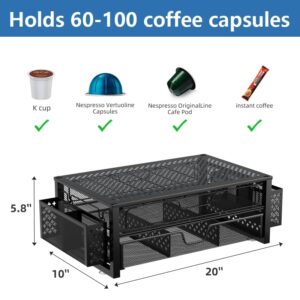 Simple Trending Coffee Pod Holder for K-Cups, with 2 Tier Slidng Storage Drawer and Coffee Accessories Holder, 63 Large or 80 Small Capsule Organizer, Black