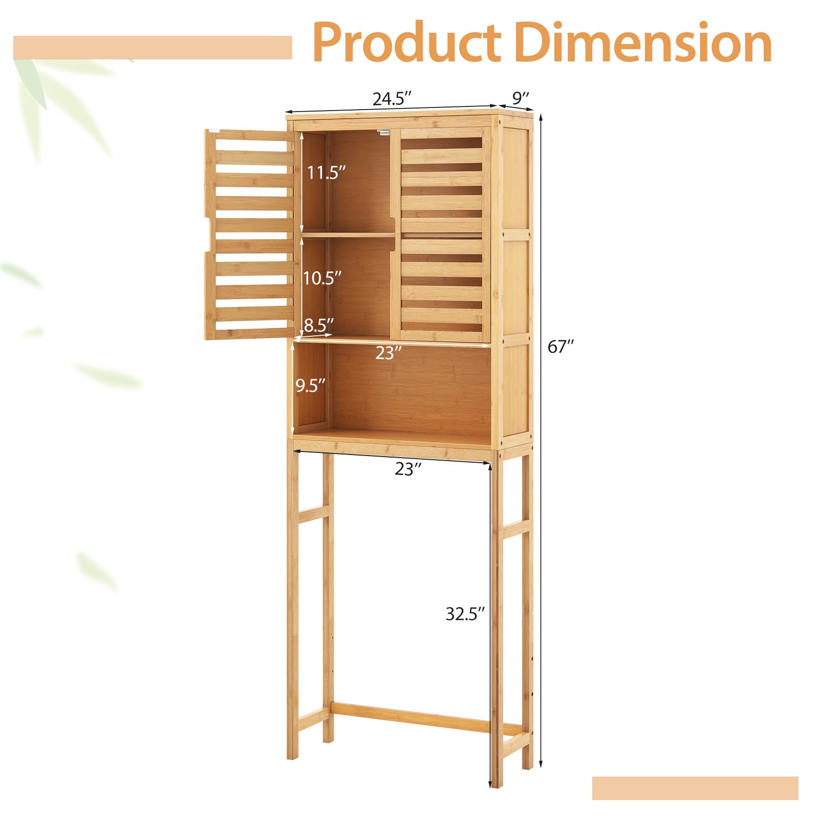 Tangkula Over The Toilet Storage Cabinet, Tall Natural Bamboo Bathroom Shelf Over Toilet with 2 Doors & Open Shelf, Freestanding Toilet Bathroom Space Saver, 24.5 x 9 x 67 Inch (Natural)