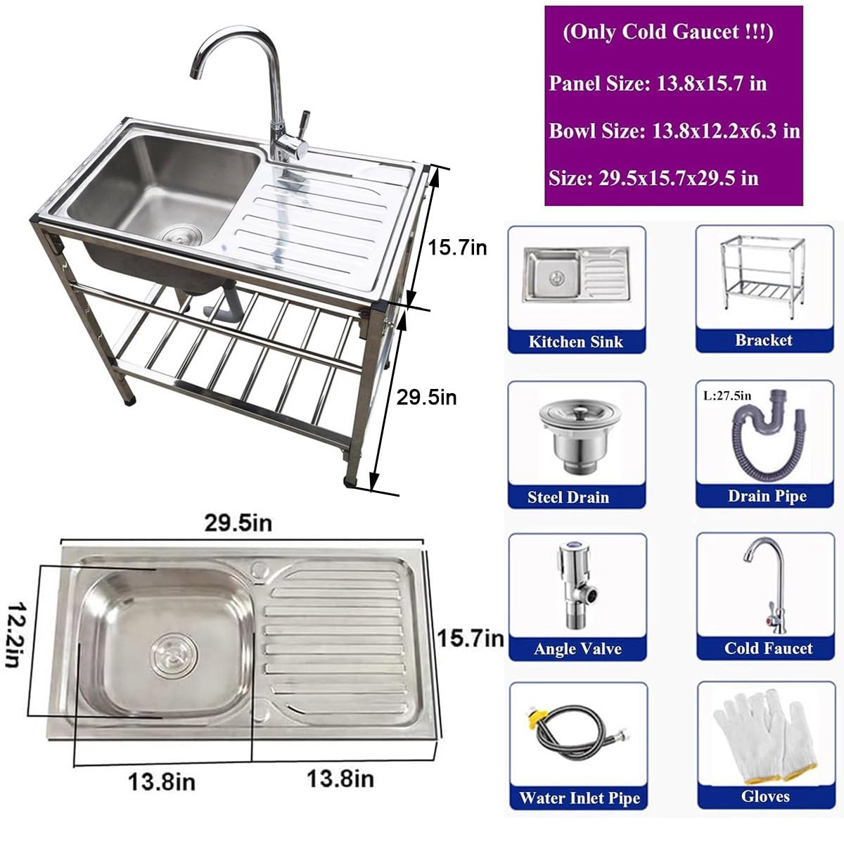 FreeStanding Stainless Steel Utility Sink for Laundry Room Garden Backyard Patio Outdoor Kitchen Sink with Bracket Simple Portable Hand Washing Station Fish Cleaning Table with Sink