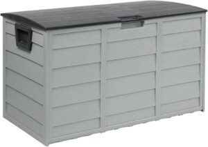 patiomore patio 75 gallon resin deck box, organization and storage, outdoor storage container with handles and wheels, waterproof outdoor storage box (grey)