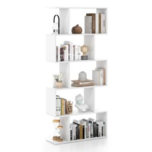 tangkula 5-tier geometric bookshelf, s shaped bookcase w/anti-toppling device, freestanding room divider, industrial home office decor wood open storage display shelf for living room (1, white)