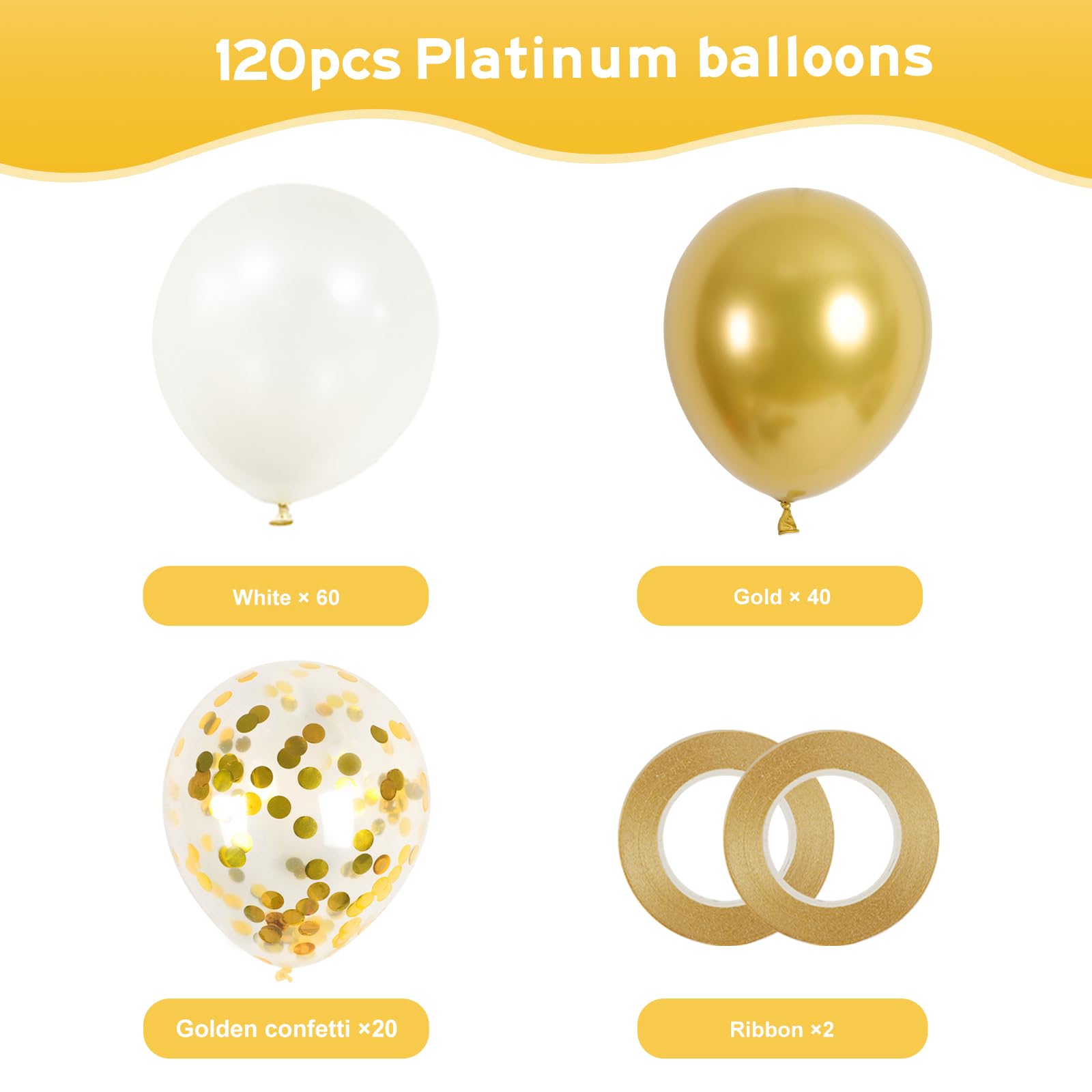 RUBFAC 120pcs 12 Inches White Gold Balloon Kit, Metallic Chrome Gold and Confetti Balloons for Birthday Wedding Engagement Bridal Shower Decorations