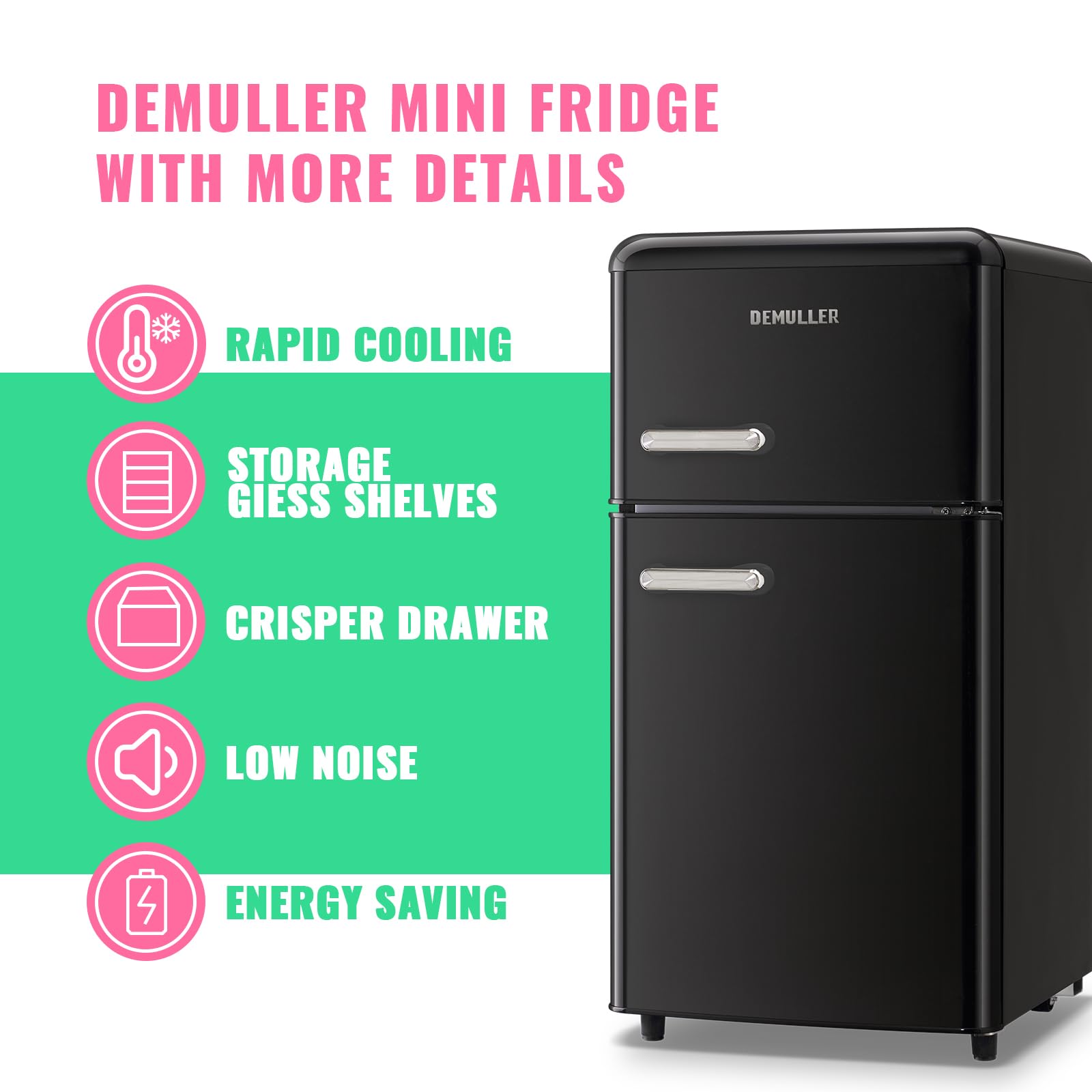 DEMULLER 3.5 Cu.ft Black Mini Fridge 2 Door Compact Refrigerator with Freezer, Small Refrigerator with 7 Adjustable Temperature Control, 2 Removable Glass Shelves and 1 Crisper Drawer