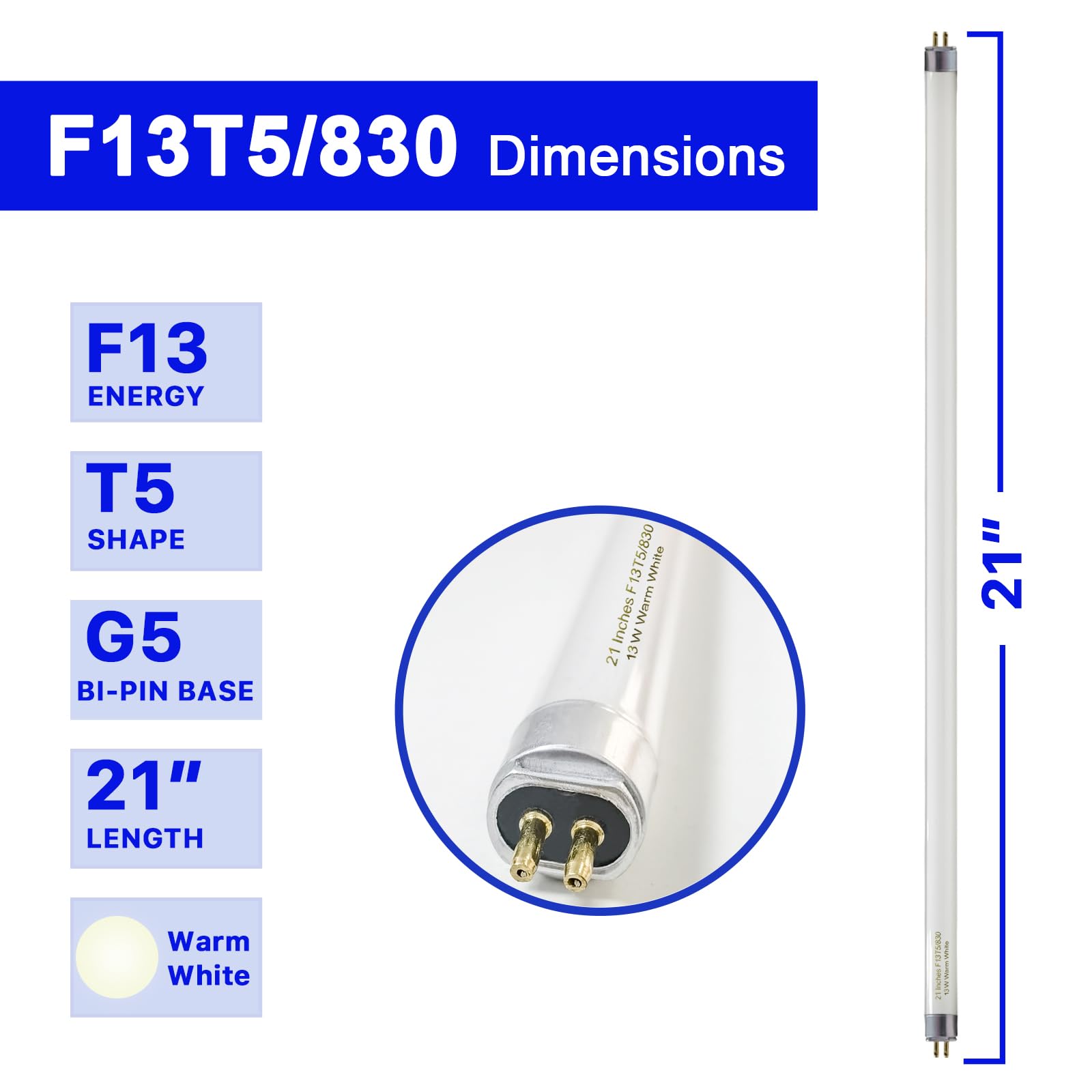 21 Inch T5 Fluorescent Light Bulb 13 Watt F13T5/WW Compatible with Sylvania Satco Philips GE Under Cabinet Tube Light Warm White 800 Lumen G5 Base 8 Count