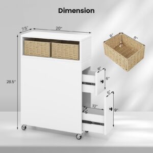 Giantex Small Bathroom Storage Cabinet - Slim Bathroom Organizer with Wheels, 2 Drawers, 2 Baskets, Brush Holder, Over The Toilet Storage Cabinet for Skinny Corner, Narrow Spaces Bathroom Storage