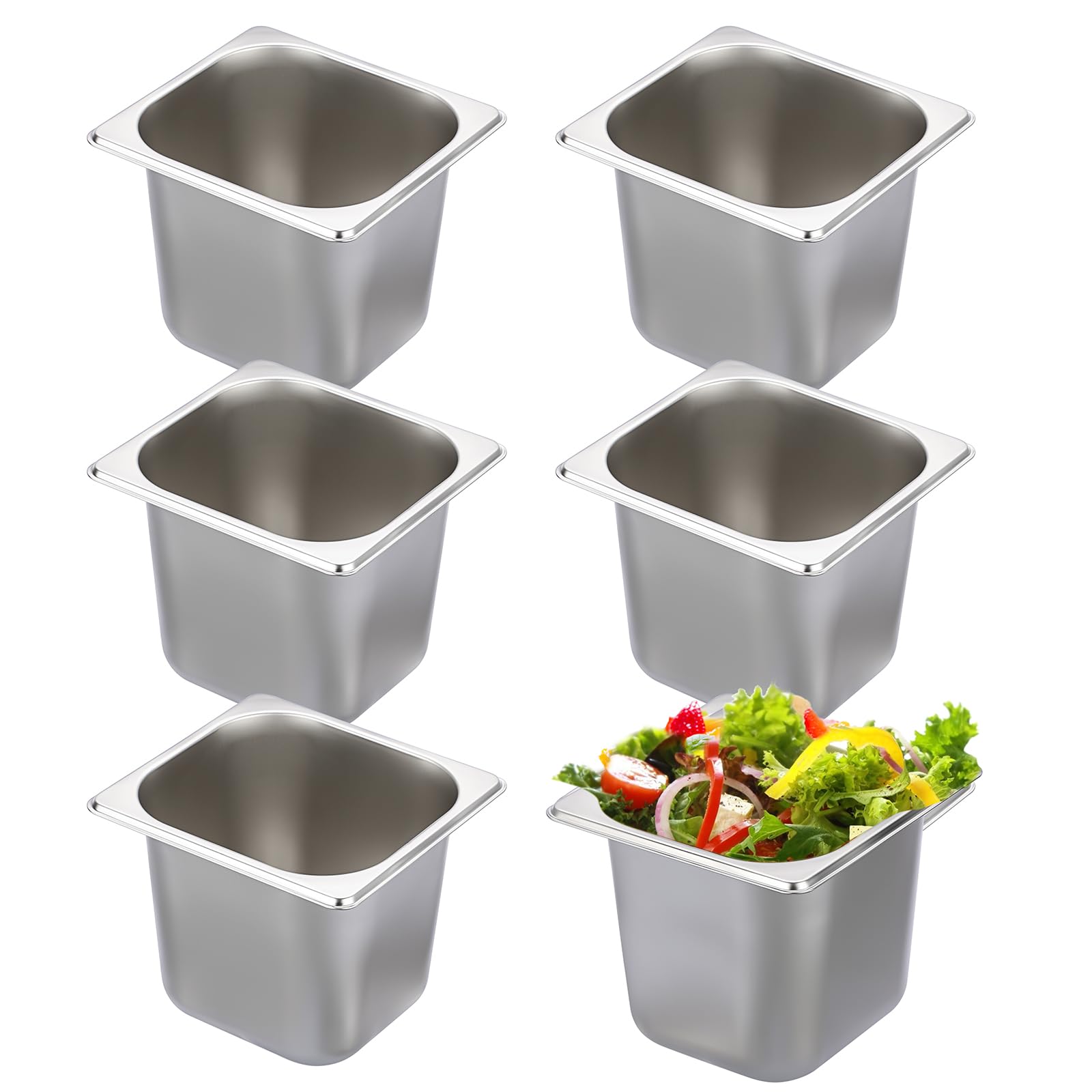 BSTKEY 6 Pack 1/6 Size 6 Inch Deep Hotel Pan, Stainless Steel Steam Table Pan, Stackable Catering Pan Metal Pan Commercial Food Pans for Kitchen Restaurant Buffet Party Supplies