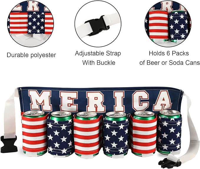 Beer Belt,Fourth of July American Patriotic Beer Gift For Men,6 Pack Insulated Beer Holder, Novelty USA Beer Soda Can Holster.Beer Accessories For White Elephant Party Festival Holiday Game Night