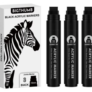 BIGTHUMB 3 Pcs Black Jumbo Permanent Markers: 15mm Wide Tip Thick Acrylic Paint Pen Large Calligraphy Marker for Rock Painting, Poster, Sign, Canvas, Glass, Wood, Ceramic