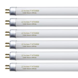 22 inch t5 fluorescent light bulb 14 watt f14t5/ww compatible with sylvania satco philips ge under cabinet lamp light 3000k warm white 800 lumen g5 base 6 count