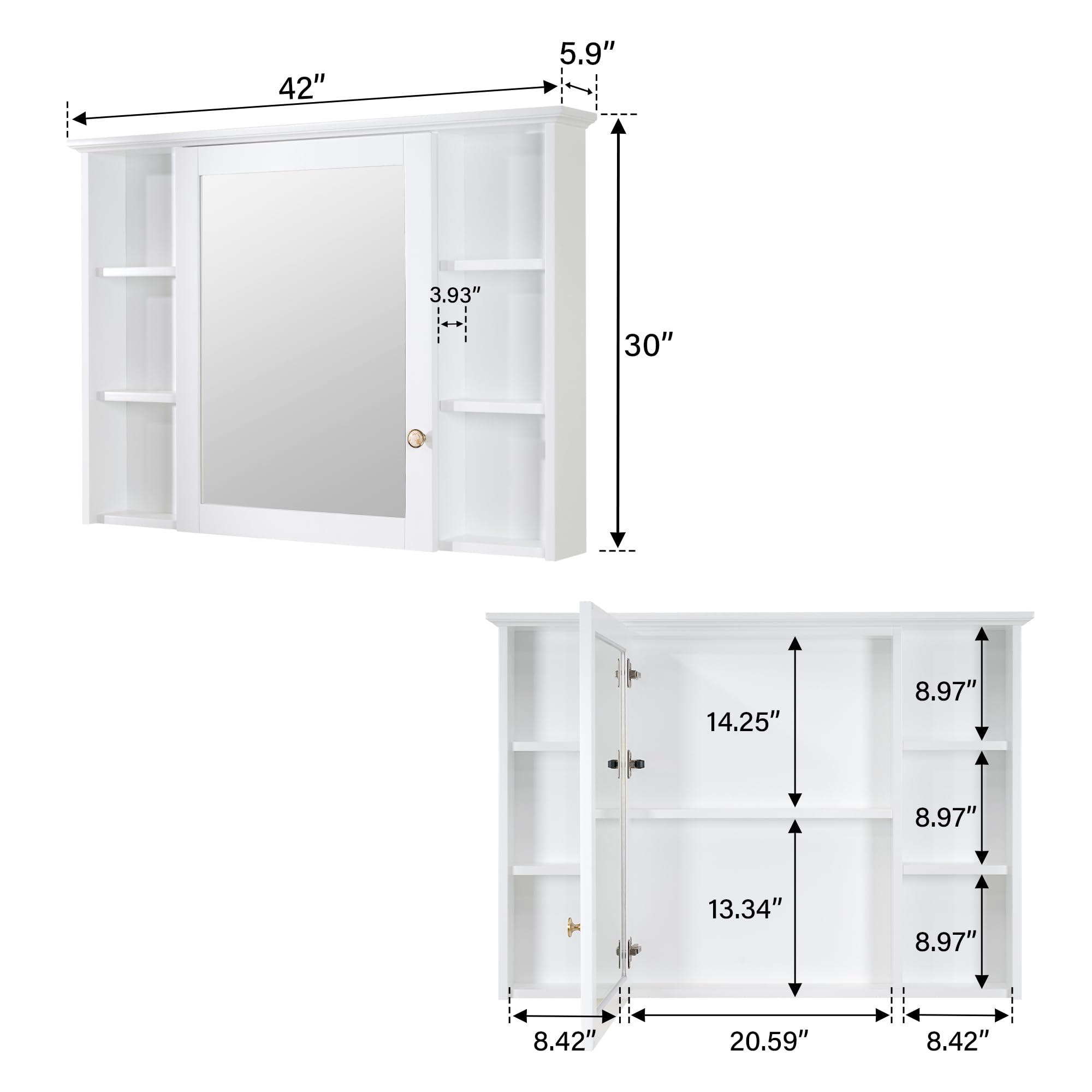 WELLFOR 42"x 30" Bathroom Medicine Cabinet with Mirror, Wall Mounted Storage Cabinet for Bathroom, Mirror Cabinet with Open/Built-in Shelves and Single Door, Bathroom Wall Cabinet with Mirror, White