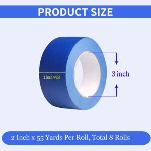 JayJayup Painters Tape 2 Inch Wide, 8 Pack Blue Masking Tape for General Purpose Use, 2 Inches x 55 Yards x 8 Rolls, 440 Yards in Total