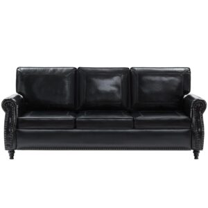 WILLOVE 79'' Faux Leather Sofa, Classic 3 Seater Leather Couch with Rolled Arm and Nailhead Trim, Mid-Century Modern Couch for Living Room, Apartment, Easy to Install, Black