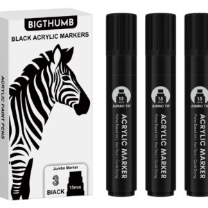 BIGTHUMB 3 Pcs Black Jumbo Permanent Markers: 15mm Wide Tip Thick Acrylic Paint Pen Large Calligraphy Marker for Rock Painting, Poster, Sign, Canvas, Glass, Wood, Ceramic