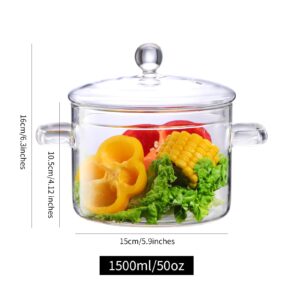 Clear Glass Cooking Pot - 1.5L/50 OZ Class Pots for Cooking on Stove - Glass Cookware Stovetop Pot Set - Glass simmer Pot for Stove Top for Pasta Noodle, Soup, Milk, Baby Food