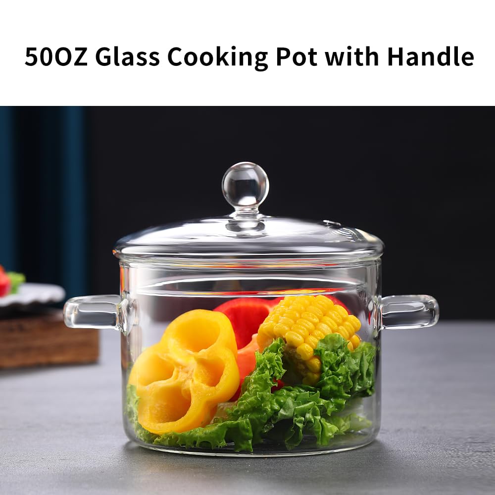 Clear Glass Cooking Pot - 1.5L/50 OZ Class Pots for Cooking on Stove - Glass Cookware Stovetop Pot Set - Glass simmer Pot for Stove Top for Pasta Noodle, Soup, Milk, Baby Food