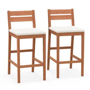 tangkula patio eucalyptus wood bar stools set of 2, outdoor bar height patio chairs with cushions, outdoor barstools for backyard, garden, balcony, 400 lbs capacity (1, off white)