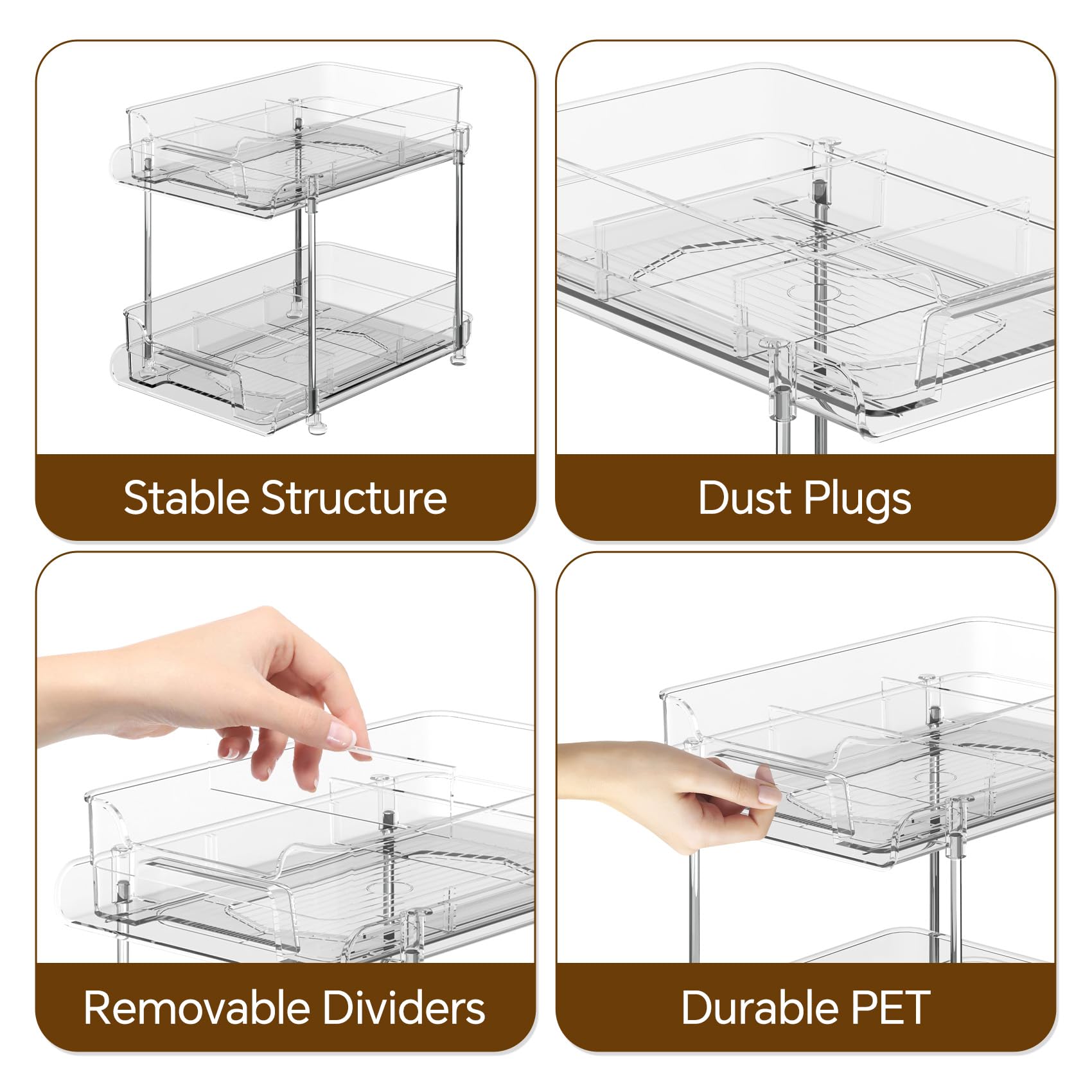 Under Sink Organizer, 2 Packs Bathroom Organizers and Storage,Stackable Multi-purpose 2 Tier Pull out Clear Medicine Cabinet Drawer Bins for Bathroom, Kitchen, Pantry, Closet, Countertop with Deviders