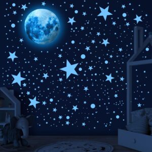 492 Glow in The Dark Stars Ceiling Stars Glow in The Dark Moon and Star Space Galaxy Universe Planet Wall Decals Blue Glowing Stars Stickers for Kids Bedroom Nursery Living Room Decor