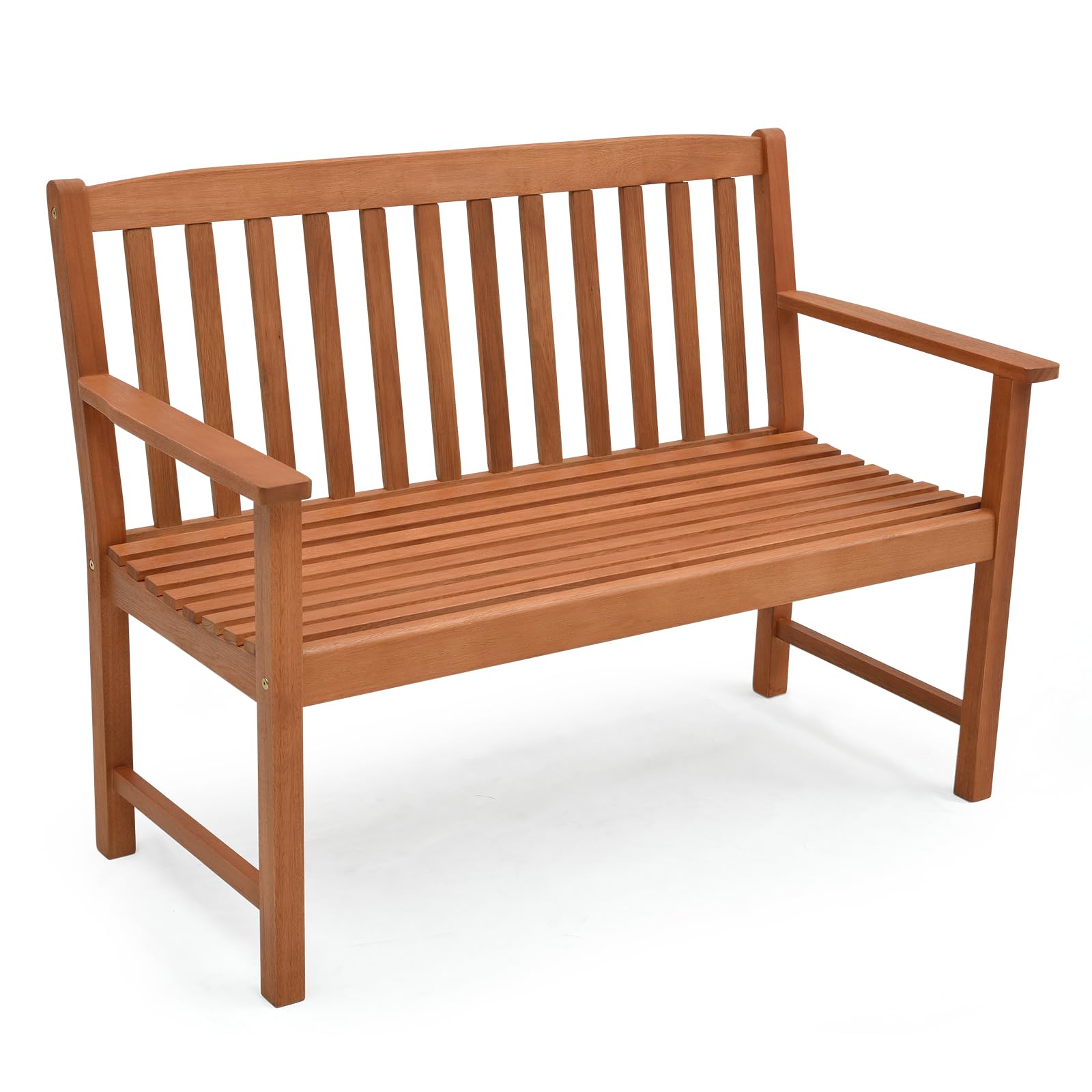 Tangkula Outdoor Garden Bench, 2-Person Eucalyptus Wood Bench with Backrest, Armrests and Slatted Seat, Patio Garden Bench for Yard, Porch, 800 lbs Capacity, Natural