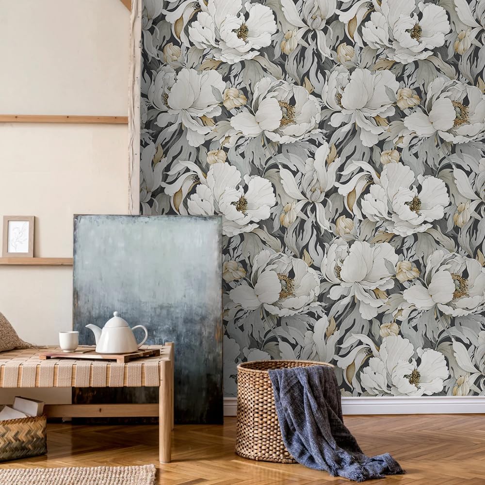 MuralPeel White Poppies Floral Modern Grey Peonies Flowers Peel and Stick Wallpaper Self Adhesive Removable Easy Peel Off Stick on Wall Paper for Bedroom Renter