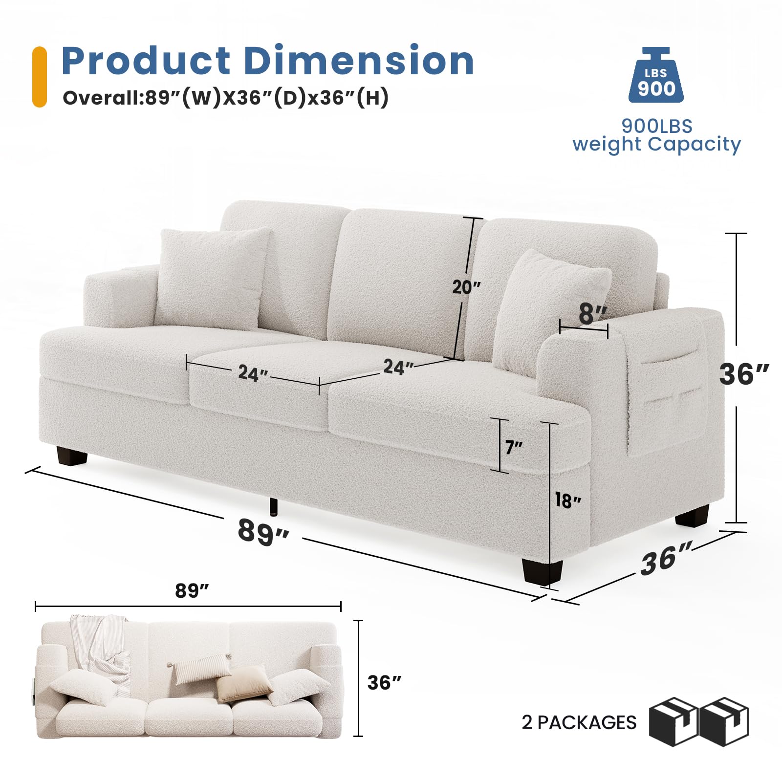 KKL Deep Seat Sofa 89 Inch with Throw Pillow, Modern Sofa, Couches for Living Room, Comfy Sofa, Sleeper Couch, Bouclé, Offwhite