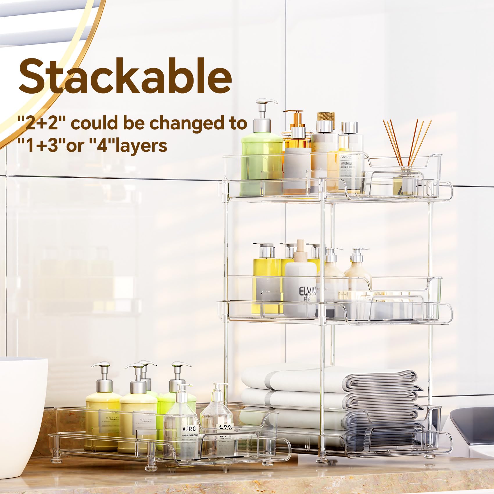 Under Sink Organizer, 2 Packs Bathroom Organizers and Storage,Stackable Multi-purpose 2 Tier Pull out Clear Medicine Cabinet Drawer Bins for Bathroom, Kitchen, Pantry, Closet, Countertop with Deviders