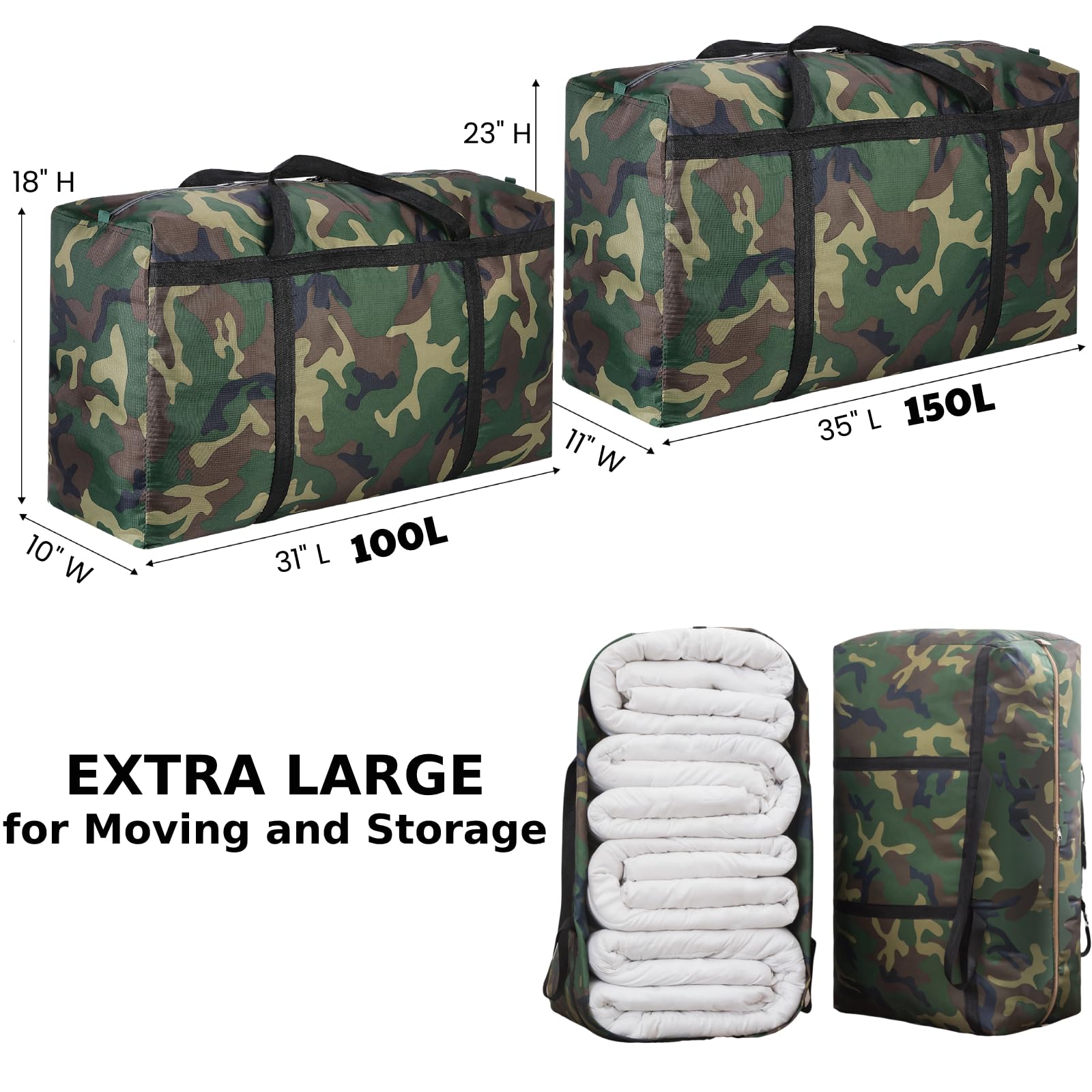 LINNTEAU 2 Packs 150L Camouflage Extra Large Moving Bags, Heavy Duty Storage Bags, 600D Oxford Cloth Wrap Around Handles Double Zipper, Waterproof Reusable Convenient (150L - 2 Packs)