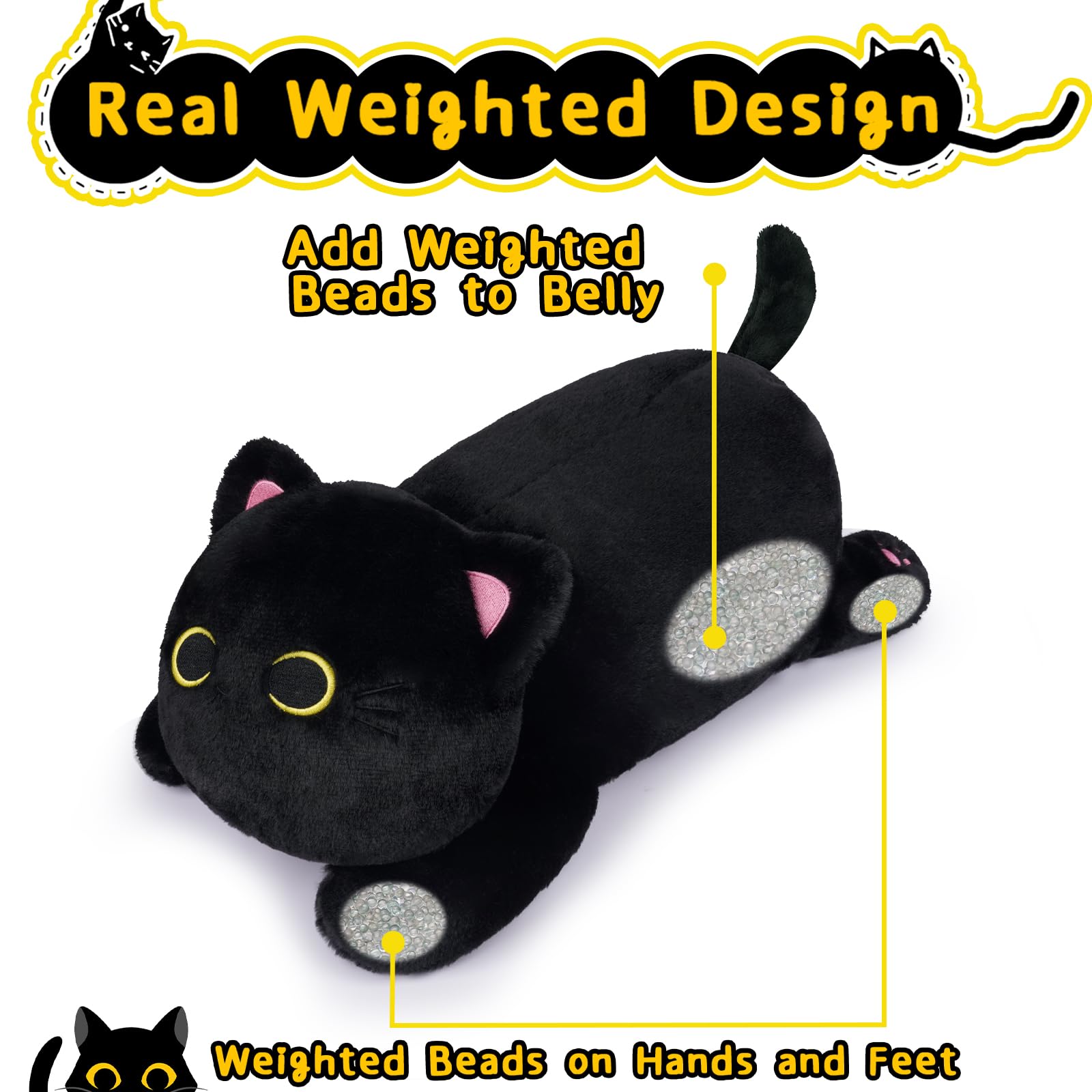 Leokawin 18in Weighted Stuffed Animals, Cute Weighted Black Cat Plush, Kawaii Cat Plush Toy, Soft Black Cat Weighted Plush Throw Pillow Gift for Kids Christmas