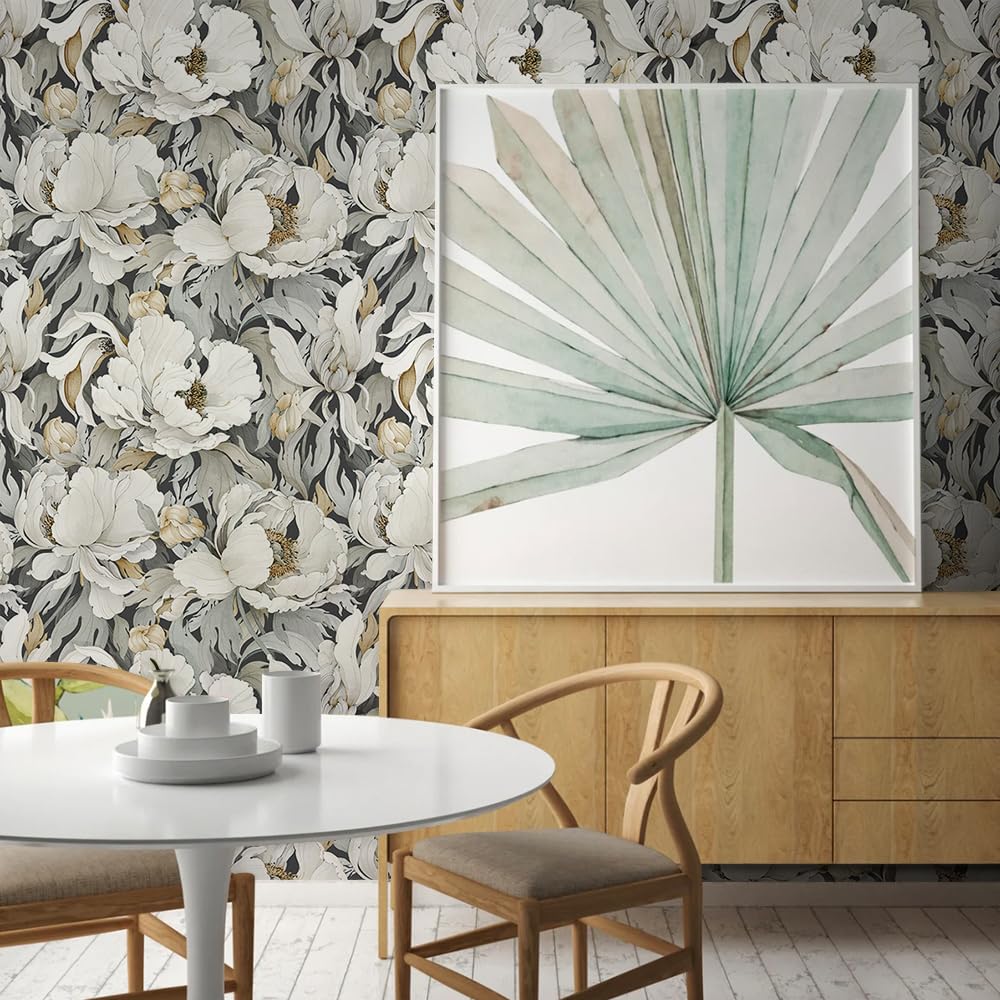 MuralPeel White Poppies Floral Modern Grey Peonies Flowers Peel and Stick Wallpaper Self Adhesive Removable Easy Peel Off Stick on Wall Paper for Bedroom Renter