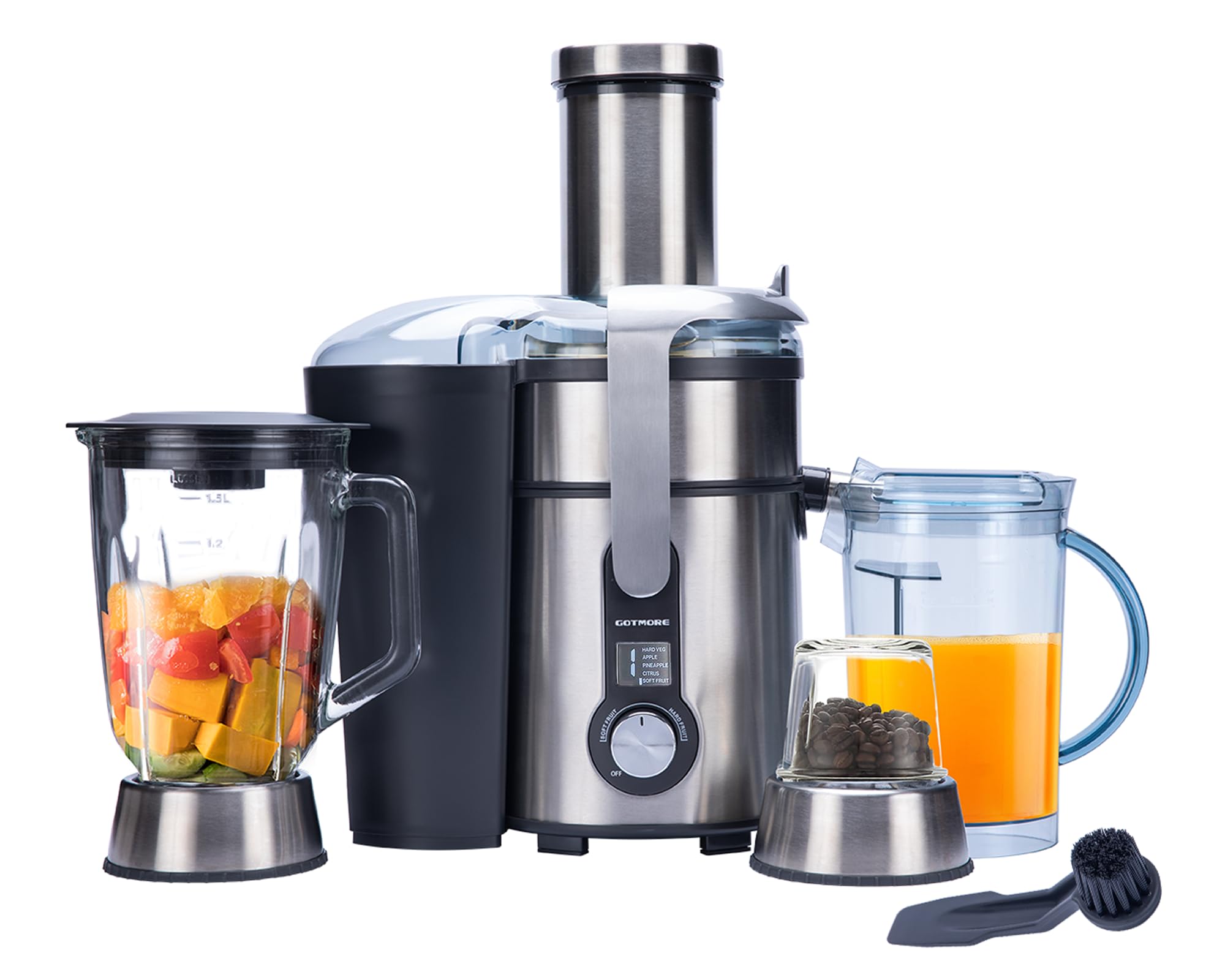 GOTMORE Juicer Machine, Blender & Grinder Combo 3 in 1 for Smoothies, Juice, Processing, Grinding & More 1300W Centrifugal Juice Extractor for Fruit Vegetable with 5 Speeds LCD Screen, Easy to Clean