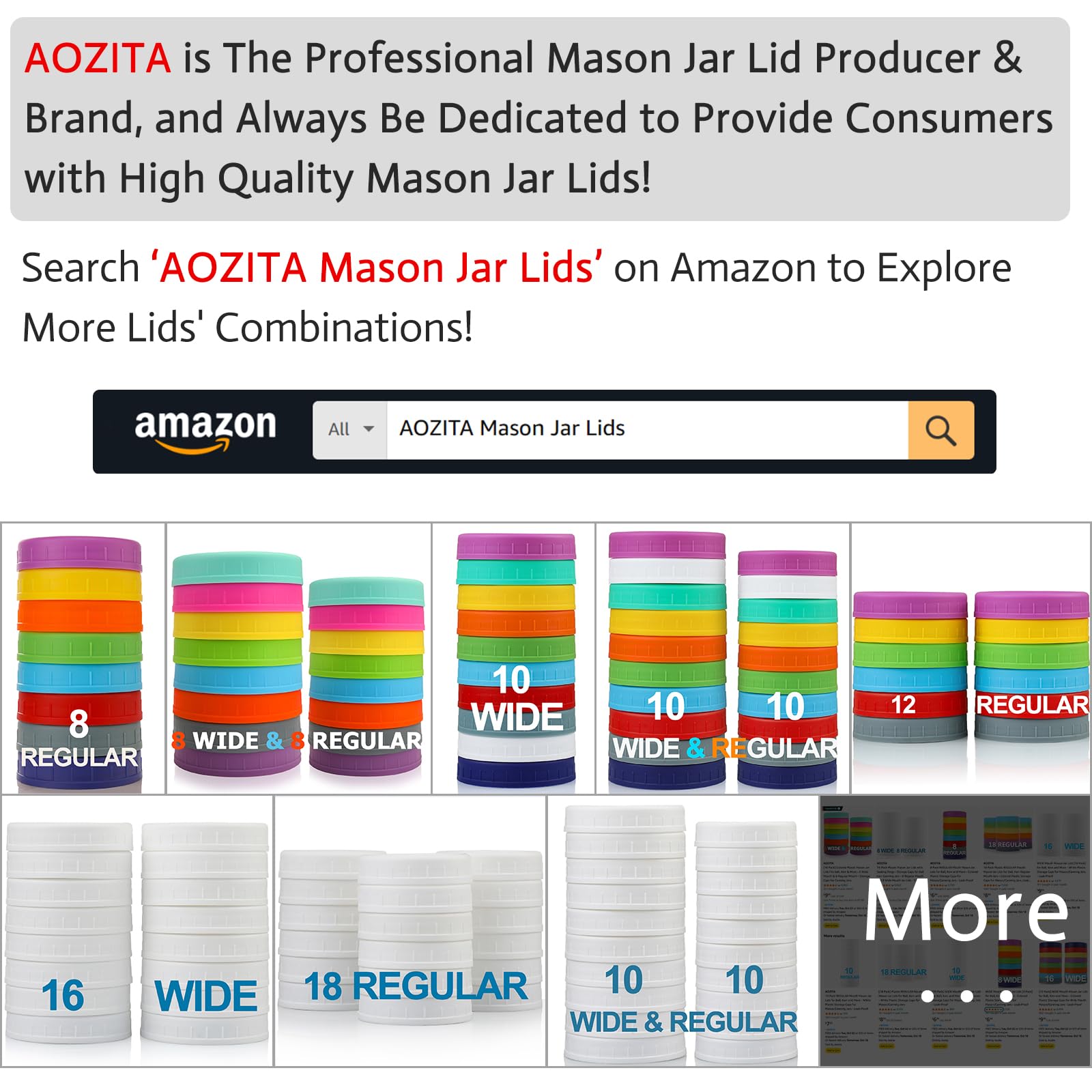 AOZITA 12 Pack REGULAR MOUTH Mason Jar Lids for Ball, Kerr and More - Plastic Storage Caps for Mason Jars, Canning Jars - Leakproof, Dishwasher Safe & Food Grade - White