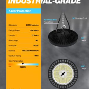 Sunco UFO LED High Bay Light, Lighting for Warehouse, 4500K Crisp White, 150W, 21000 LM, 100-277V, Dimmable 0-10V, IP65 Waterproof, Super Bright, UL 2 Pack