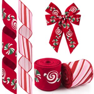 glodecart 2 rolls christmas ribbon for wreath bows wrapping gifts, red pink candy cane ribbon for gift wrapping party supplies decoration diy crafts 2.5" x 10 yard wired winter christmas wreath ribbon