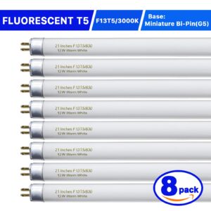 21 Inch T5 Fluorescent Light Bulb 13 Watt F13T5/WW Compatible with Sylvania Satco Philips GE Under Cabinet Tube Light Warm White 800 Lumen G5 Base 8 Count