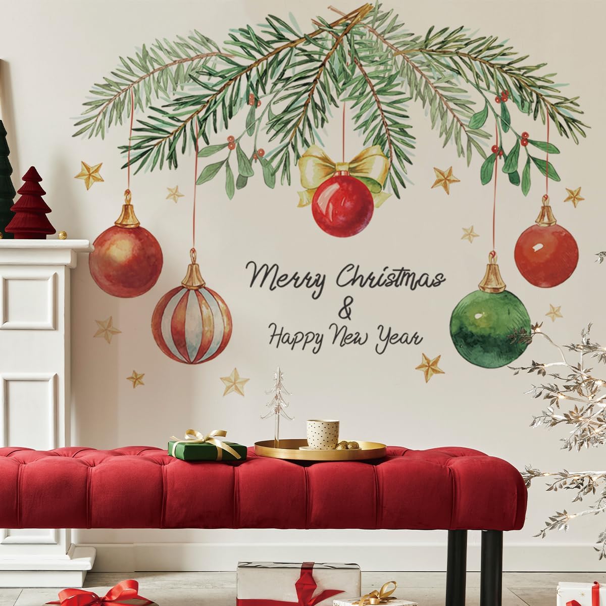 30.71 x 12.12 Inch Merry Christmas Wall Decals Happy New Year Wall Stickers Removable Christmas Fruit Light Ball Wall Decals Decor for Xmas Holiday Party Supplies Home Wall Decor