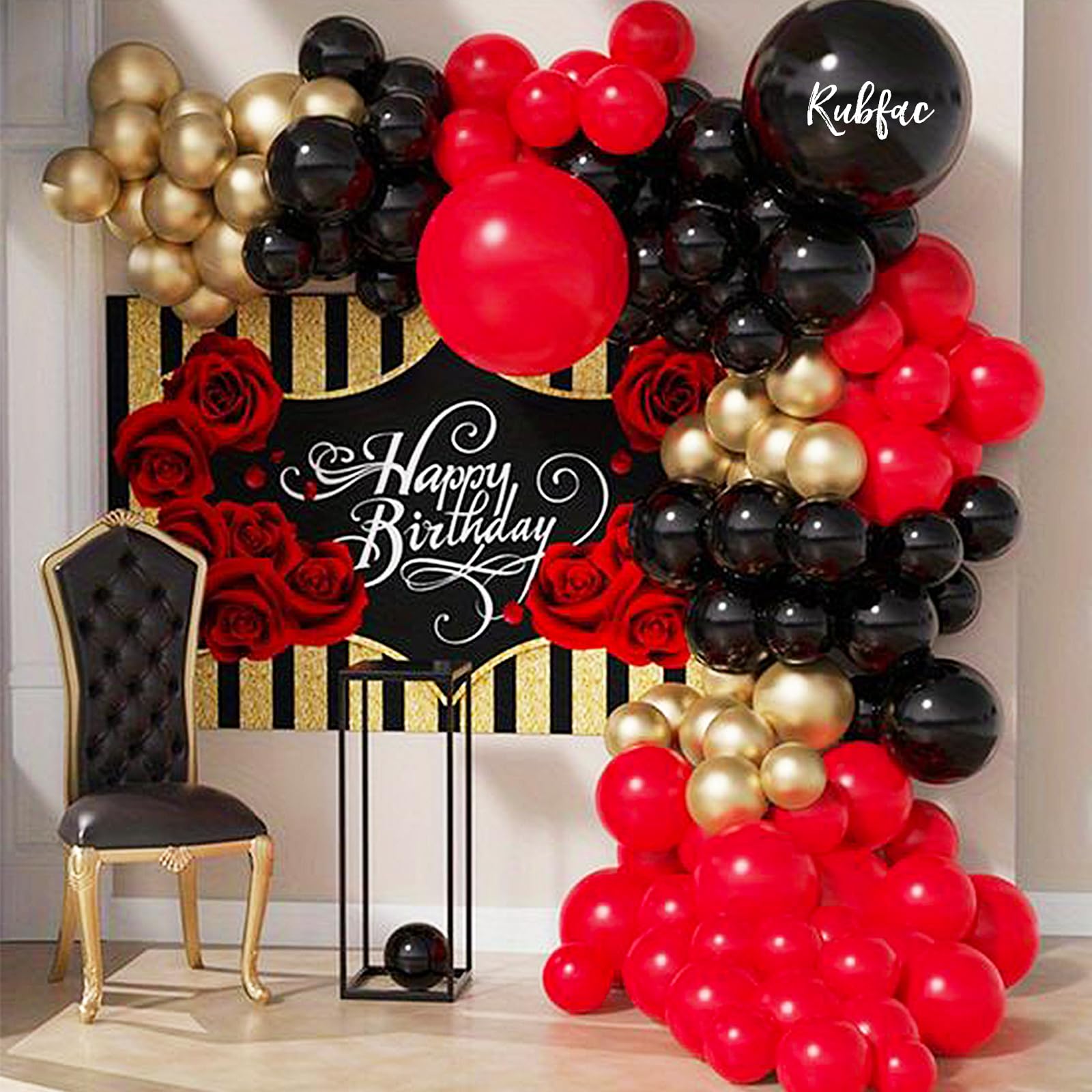 RUBFAC 100pcs 12 Inches Red Black and Gold Balloons Kit, Metallic Chrome Gold and Latex Red Black Balloons with Ribbons for Birthday, Wedding, Anniversary, Festival Decorations