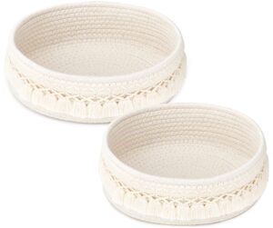 mkono 2 pack macrame storage baskets decorative woven cotton rope basket for shelves countertop organizer boho decor for organizing living room bedroom entryway