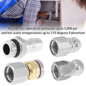 3PCS Sewer Jetter Nozzle, Stainless Steel Drain Cleaning Nozzle Tips Kit, Quick Connect Drain Jet Hose Nozzle, 5000 PSI High Pressure Washer Nozzle with 1/4in Connector for Sewer Industrial Pipe Clean