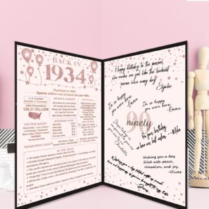 Crenics 90th Birthday Gift for Women, Creative Back in 1934 Birthday Poster, Giant 90th Birthday Guest Signature Book, Black and Pink 90 Birthday Decorations Party Supplies