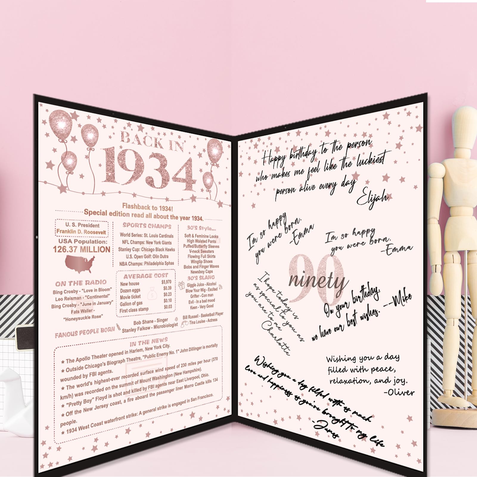 Crenics 90th Birthday Gift for Women, Creative Back in 1934 Birthday Poster, Giant 90th Birthday Guest Signature Book, Black and Pink 90 Birthday Decorations Party Supplies