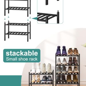 viewcare Black Small Shoe Rack for Entryway,2-Tier Bamboo Shoe Organizer for Hallway Closet, Free Standing Shoe Racks for Indoor Outdoor