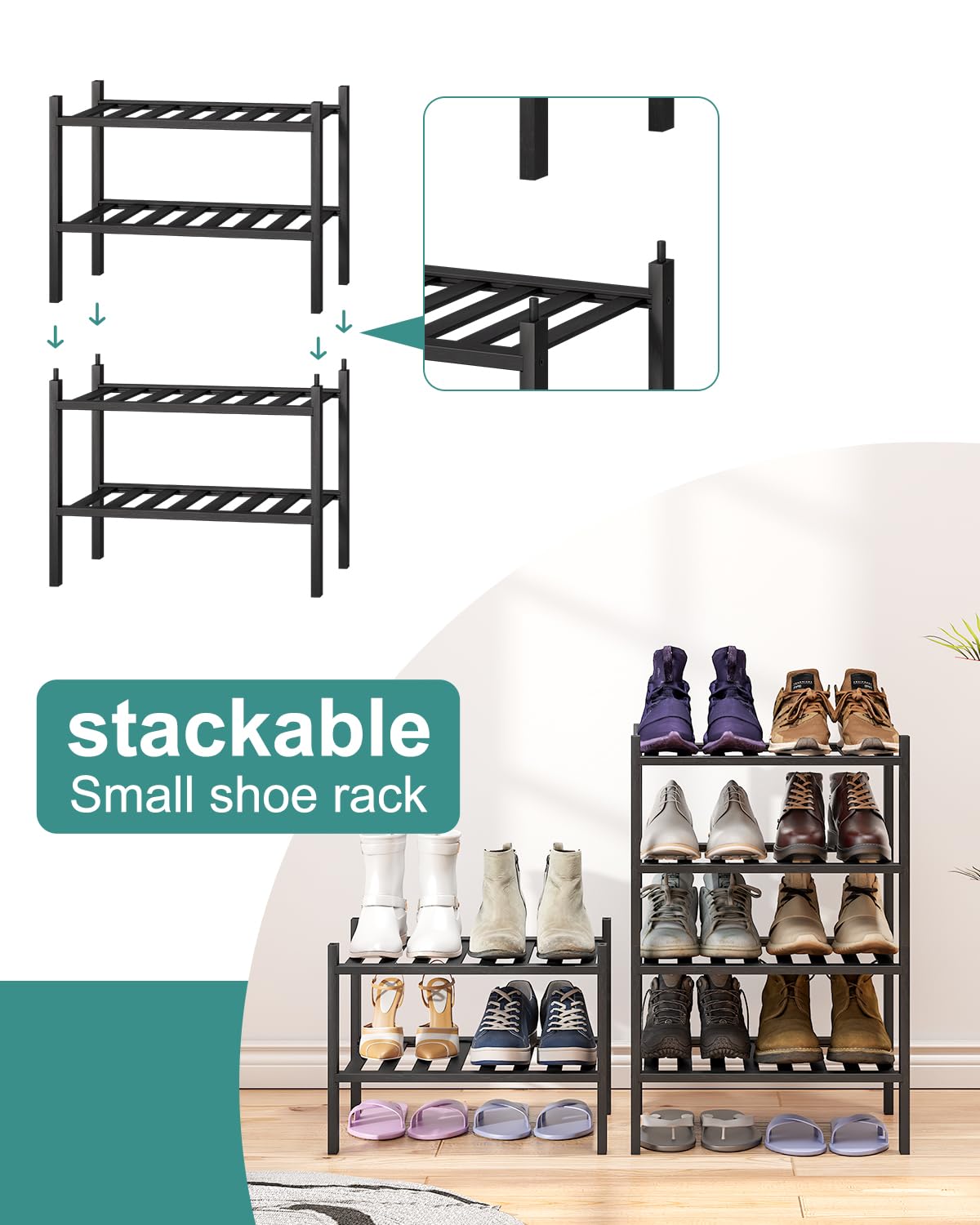 viewcare Black Small Shoe Rack for Entryway,2-Tier Bamboo Shoe Organizer for Hallway Closet, Free Standing Shoe Racks for Indoor Outdoor